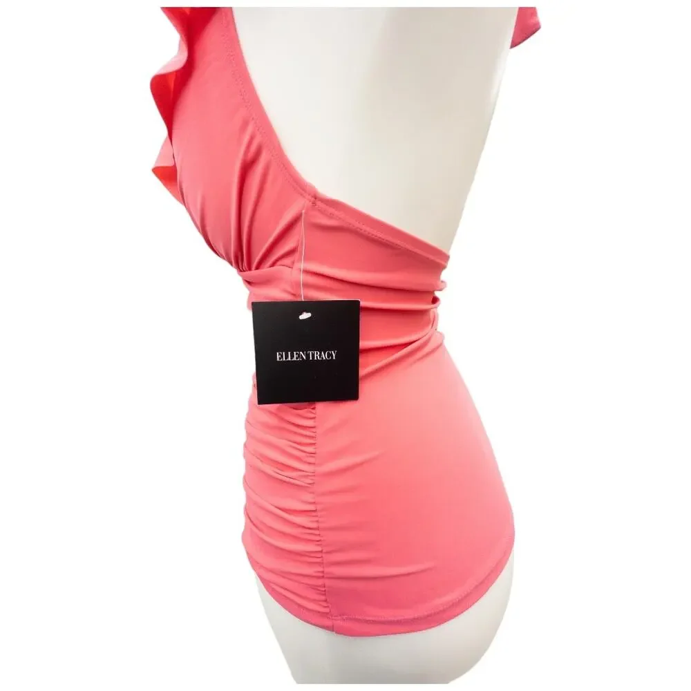 Ellen Tracy Tankini Top Coral Melon Ruffle Halter Swimsuit Women's Size 6 New